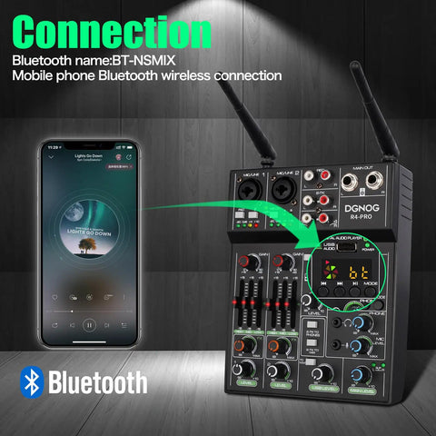 4 Channel Audio Mixer With Dual Wireless Microphones Bluetooth MP3 USB Interface 48V Phantom Power Echo Equalizer Killer