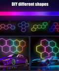 RGB Hexagon Ceiling Light Fixture 15 Pack With Dope Color Modes forming geometric patterns over cars.