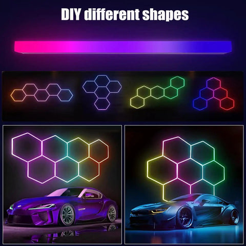 RGB Hexagon Ceiling Light Fixture 15 Pack With Dope Color Modes forming geometric patterns over cars.