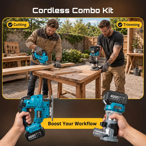 Cordless Jigsaw And Wood Router Kit For Precise Cuts And Edge Shaping With A Brushless Router, Dual 4.0Ah Batteries, Quick Setup, Smooth Finish, All In One Woodworking Power Pack in use