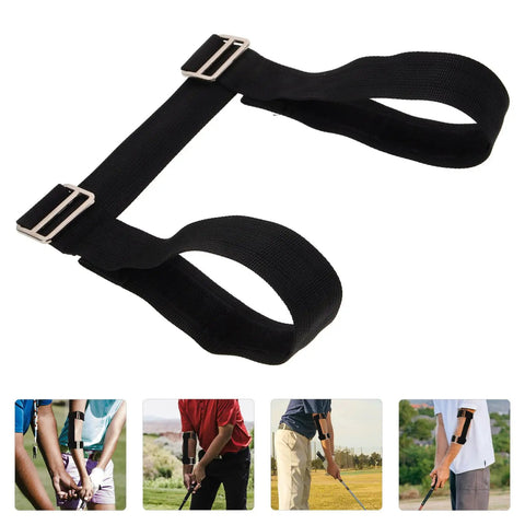 Must Have Golf Swing Trainer Arm Band For Correct Swing Technique shown with adjustable strap and player usage examples