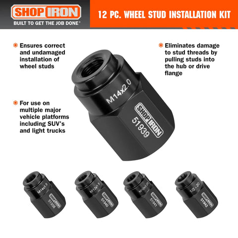 Wheel Stud Installation And Rethread Kit, 12-Piece No Fuss Pro Grade Set with button head studs on display.