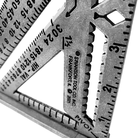 Kill Precision Work With This 7 Inch Speed Square Layout Tool featuring clear angle marks and stud slots for precision framing.