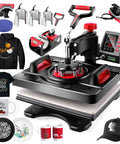 Akeydiy Pro 8 In 1 Heat Press Machine Sublimation System 12 By 15 Inch shirt maker with accessories and samples of printed items.