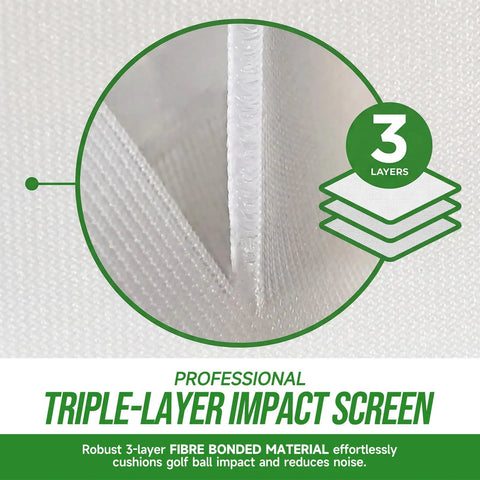 Close-up of Indoor Golf Impact Screen With Triple-Layer Design, highlighting durable fiber material and 3-layer construction.