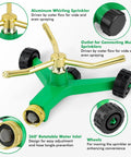 2 Pack 3 Arm Metal Lawn Sprinklers With Rolling Wheel Base showing wheels, water inlet, and sprinkler arms for lawns and gardens