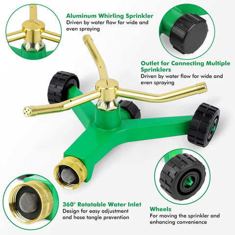 2 Pack 3 Arm Metal Lawn Sprinklers With Rolling Wheel Base showing wheels, water inlet, and sprinkler arms for lawns and gardens