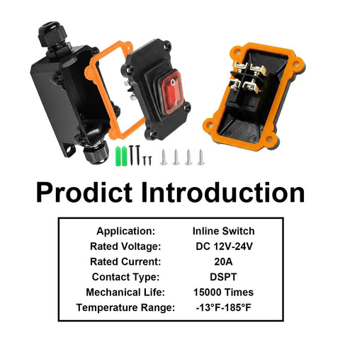 Waterproof 12V Inline DPST Outdoor Toggle Switch For 12 Or 24V DC On Off With Red LED Rocker Button IP65 Marine Grade Built Tough As Nails For Harsh Weather Wet Environments And DIY Projects, black housing with gasket and mounting screws