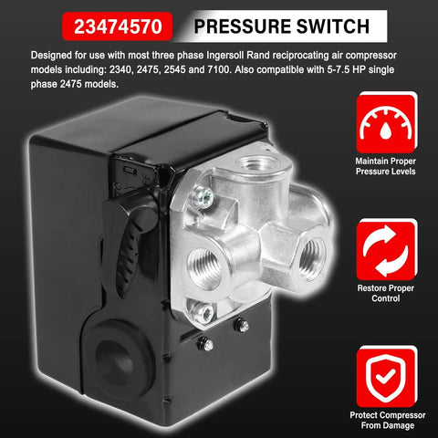 Two Stage Pressure Switch 135 175 PSI For Three Phase Air Compressor With Unloader And On And Off Control Compatible With 2340 2475 2545 7100 Series Pro