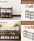 Expandable Three Tier Metal Shoe Rack For Entryway Closet And Doorway Free Standing Heavy Duty Organizer Holds Up To Twelve Pairs Of Shoes Easy To Assemble Space Saving Black before and after stretching display.