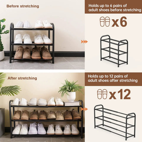 Expandable Three Tier Metal Shoe Rack For Entryway Closet And Doorway Free Standing Heavy Duty Organizer Holds Up To Twelve Pairs Of Shoes Easy To Assemble Space Saving Black before and after stretching display.