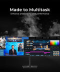 Massive 49 Inch Curved Ultrawide Monitor With Dual QHD 5120x1440 displaying multiple applications on screen, front view.