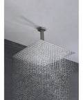 Shower System Combo with Hand Shower and Tub Spout, overhead shower head with water flowing down, brushed nickel finish.