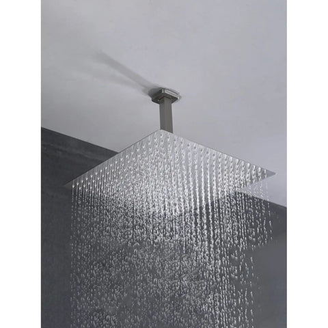 Shower System Combo with Hand Shower and Tub Spout, overhead shower head with water flowing down, brushed nickel finish.