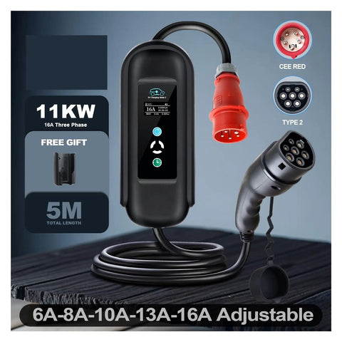 Road Trip Ready Portable EV Charger With Type 2 Connector And 11KW Output Featuring Hassle Free 16A Control And Five Meter Heavy Duty Cable, showcasing control panel and connectors.