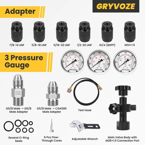 Beefed-Up Hydraulic Nitrogen Accumulator Charging Kit With Pressure Test System For Fast Inflation, 7 Adapters, 3 Gauges, 1 Gas Hose, G5/8 To CGA580 Male Adapter, Flat-Cut Adapters, Stainless Fittings, Flow-Through Needles