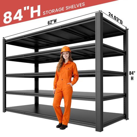Heavy Duty Garage Shelving Rack 5 Tier Steel Storage Shelves 6000 Pounds Capacity with 84" height and 62" width.