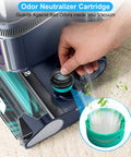 Person inserting odor neutralizer cartridge into Shark Lift Away vacuum with DuoClean Detect