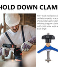 Heavy Duty Blue T Slot Track Clamps For Woodworking Dead Nuts Secure Slick Ratchet Action Job Ready Workbench Drill Press Tool Hardcore Jig Fixtures Quick Release Locking Setup with a carpenter using a drill.