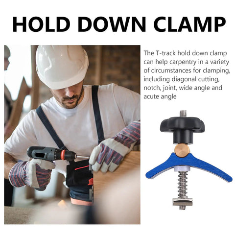 Heavy Duty Blue T Slot Track Clamps For Woodworking Dead Nuts Secure Slick Ratchet Action Job Ready Workbench Drill Press Tool Hardcore Jig Fixtures Quick Release Locking Setup with a carpenter using a drill.