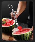 Using 2-In-1 Watermelon Slicer And Fork, Premium Stainless Steel Cube Cutter Tool For Melon on sliced watermelon