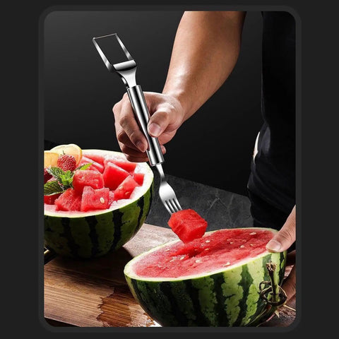 Using 2-In-1 Watermelon Slicer And Fork, Premium Stainless Steel Cube Cutter Tool For Melon on sliced watermelon