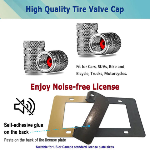 2 Pack Heavy Duty Stainless Steel License Plate Frame with tire valve caps and adhesive plate mount