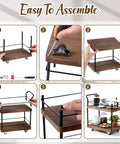 Dope Vintage Two Tier Mini Wood Coffee Bar Cart With Smooth Rolling Wheels And Spacious Dual Shelves For Any Cozy Hangout Or Quick Serve Beverage Station assembly process steps shown with wooden cart parts.