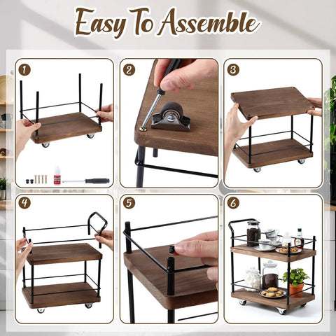 Dope Vintage Two Tier Mini Wood Coffee Bar Cart With Smooth Rolling Wheels And Spacious Dual Shelves For Any Cozy Hangout Or Quick Serve Beverage Station assembly process steps shown with wooden cart parts.