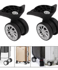 1 Pair Luggage Suitcase Replacement Nylon Casters Wheels For Trolley Travel Durable Lightweight Heat And Moisture Resistant Flame Retardant Easy To Install Luggage Maintenance Accessory, shown in black and silver with multiple suitcase examples.