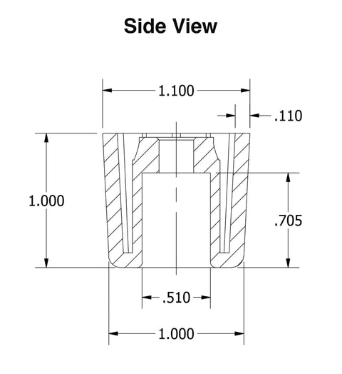 Side view diagram of Four Pack Black Round Rubber Feet With Metal Insert One Inch Tall Heavy Duty Non Marking Bumpers.