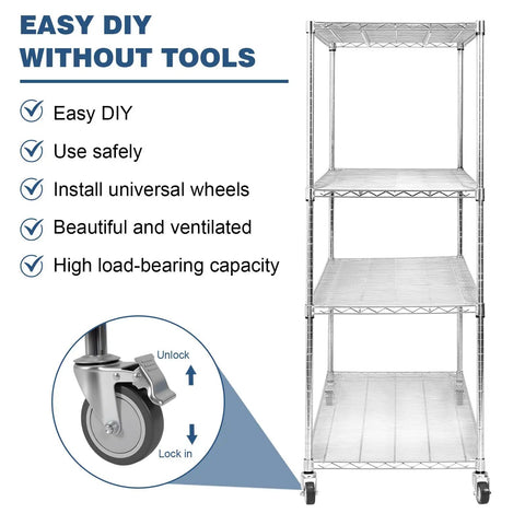 Heavy Duty 5 Tier Wire Shelving With Wheels Mobile Steel Storage Rack Each Layer Up To 250Kg Per Shelf Easy Tool Free Assembly