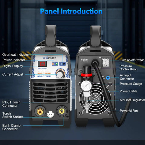 Front and rear view of Dual Voltage Plasma Cutter For 120 Volt And 240 Volt Systems 60 Amp Portable Metal Cutting Machine With Torch And Tips Clean Cut IGBT Inverter Handles Up To One Half Inch Auto Voltage Detection And Preinstalled Air Regulator Upgraded 2025 Model showing panel features and power connections.
