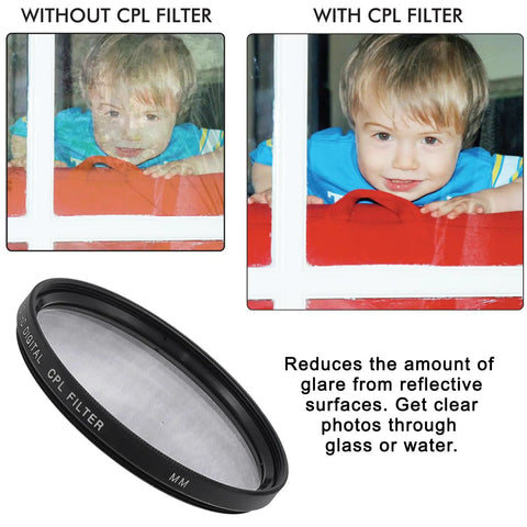 52mm Lens Filter Kit Bundle Pro With UV CPL FLD Filters And Travel Case For Cameras Universal 52mm Gear Heat Treated Multi Coated Glass showing CPL filter reducing glare