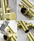 Close-up details of freestanding brushed gold tub filler faucet with hand shower and swivel spout floor mounted brass tub faucet solid brass construction for durability wobble free mount top notch bath upgrade.