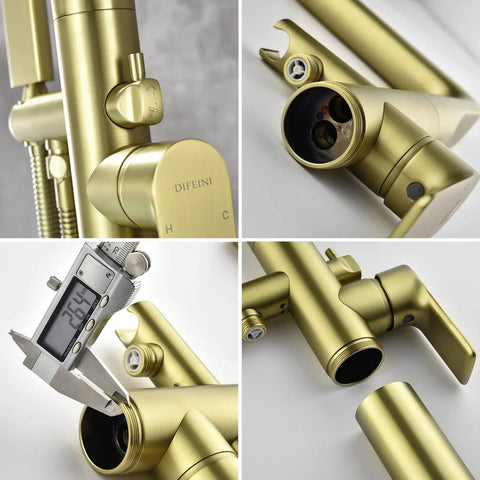 Close-up details of freestanding brushed gold tub filler faucet with hand shower and swivel spout floor mounted brass tub faucet solid brass construction for durability wobble free mount top notch bath upgrade.