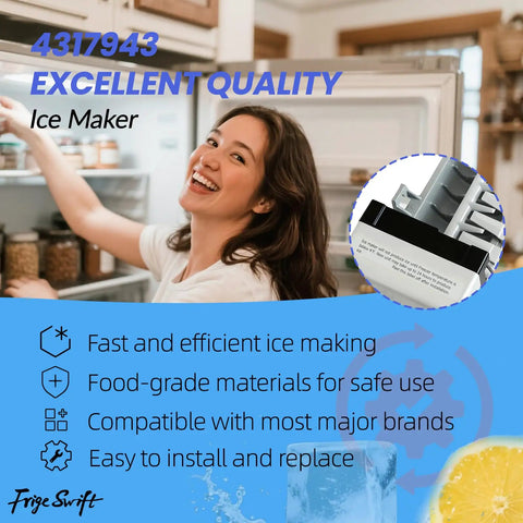 Smiling woman with open refrigerator, showcasing Icemaker Kit For Refrigerator W10190965 Replacement Part 1857 4210317 Fits AH530-720/01
