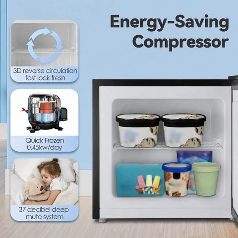 Hella Compact Yet Hella Spacious 1.1 Cu Ft Small Upright Freezer Mini Freezer In Matte Black with energy-saving compressor features.