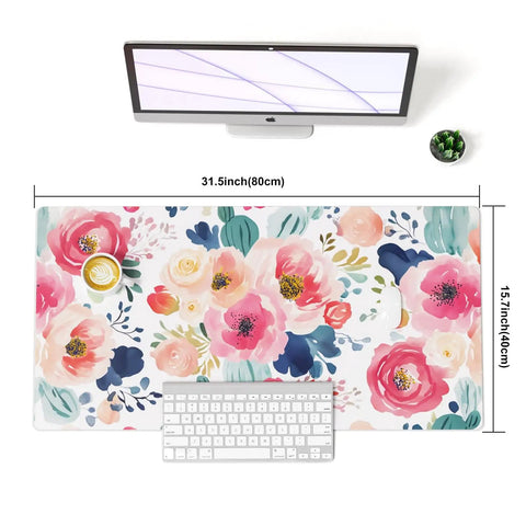 Pink Floral Large Mouse Pad 31.5 By 15.7 Inches Extended Desk Mat Waterproof PU Leather For Desktop