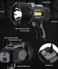 Ultra Bright Rechargeable Spotlight 2,000,000 Lumens LED Handheld Flashlight with 3 color lenses and foldable stand details