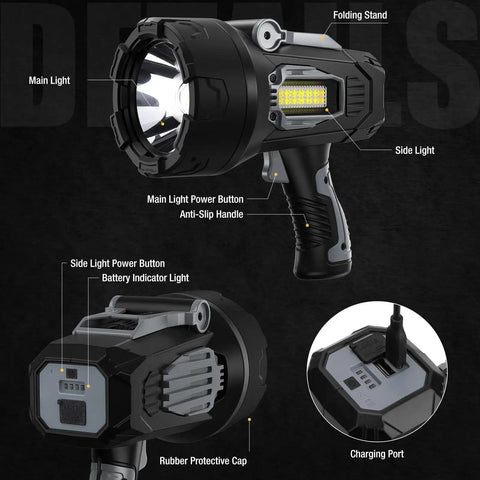 Ultra Bright Rechargeable Spotlight 2,000,000 Lumens LED Handheld Flashlight with 3 color lenses and foldable stand details