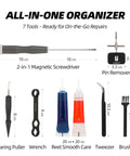 7 tools from the 8 In 1 Fishing Reel Repair Kit With Bearing Puller Magnetic Screwdriver Wrench Tweezers Cleaning Brush Bearing