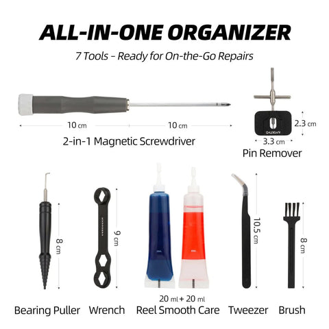 7 tools from the 8 In 1 Fishing Reel Repair Kit With Bearing Puller Magnetic Screwdriver Wrench Tweezers Cleaning Brush Bearing