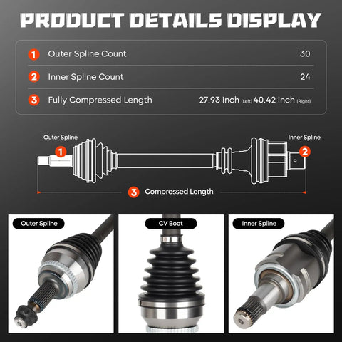Toyota Sienna Front Left And Right CV Axle Shaft Assembly For 2004 2005 2006 2007 2008 2009 2010 3.3L 3.5L Models A Pair Replaces 66-5260 66-5261 OEM-Grade Premium Performance Axle Replacement, CV axle detail with spline counts and boot close-ups