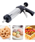Stainless Steel Cookie Press Kit With Pro Grade 13 Cookie Molds And 7 Decorating Nozzles For Cakes And Pastries shown with desserts