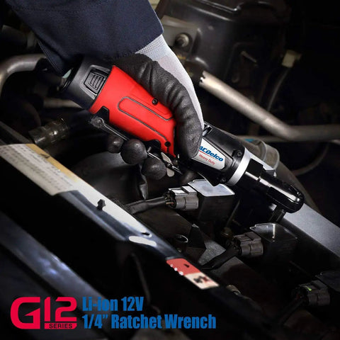 Mechanic using Compact 12V Cordless Ratchet Wrench With 1/4 Inch Alloy Head 30 Ft-Lbs Torque Built-In LED Light Li-Ion Power