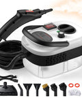 Hella Powered 2500W Handheld Steam Cleaner With Six Pressure Controls And Forty Oz Tank, showing hose, attachments, and water tank.