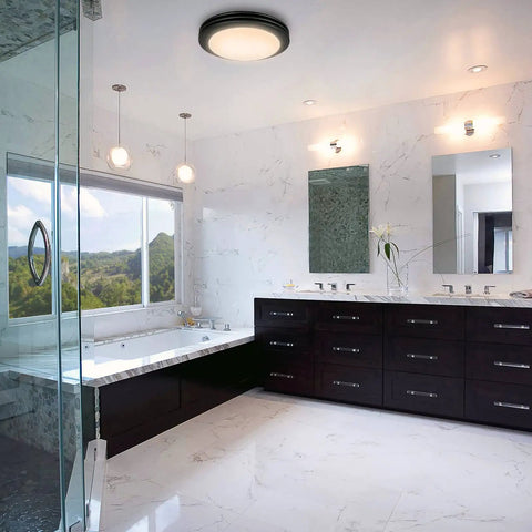 Ultra Quiet Bathroom Exhaust Fan With LED Light 80 CFM 2 Sones Round Ventilation Fan Frosted Glass Cover Matte Black Finish in modern bathroom