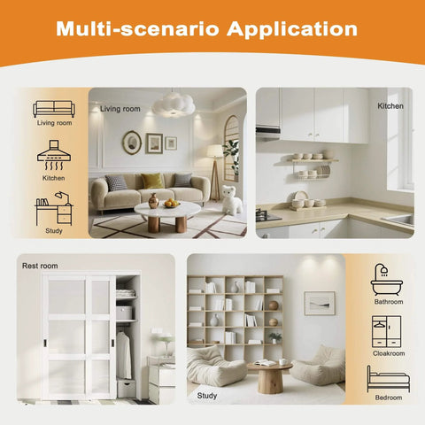 Interior settings showcasing the versatility of White Paintable MDF Double Five Panel Closet Sliding Doors With Hardware Kit, Pre Drilled Panels, 60 By 80 Inches, Barn Style Double Doors, Easy To Assemble, Scratch Resistant, Waterproof Surface For Easy Cleaning in various rooms like living room, kitchen, and study.