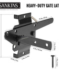 Beefy Self Locking Gate Latch for Wood and PVC Fences, heavy-duty latch with gravity release shown with dimensions and screw